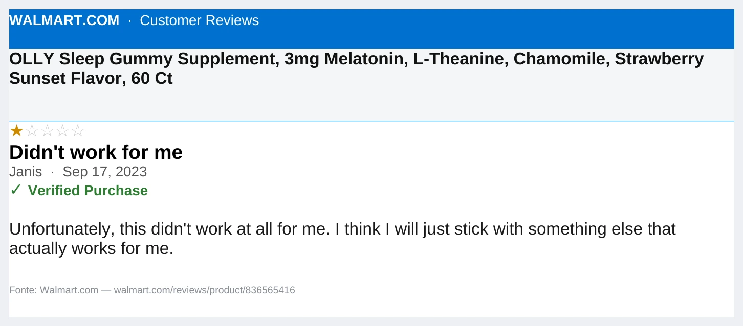Olly Sleep verified buyer review — 1 star, didn't work