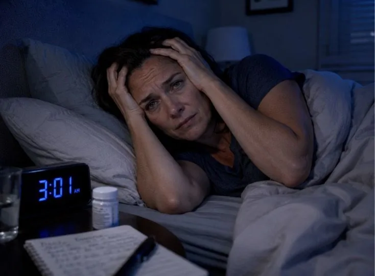 Woman lying awake in bed at 3 a.m. unable to sleep