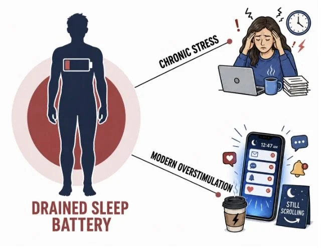 Diagram of a drained sleep battery caused by stress and overstimulation